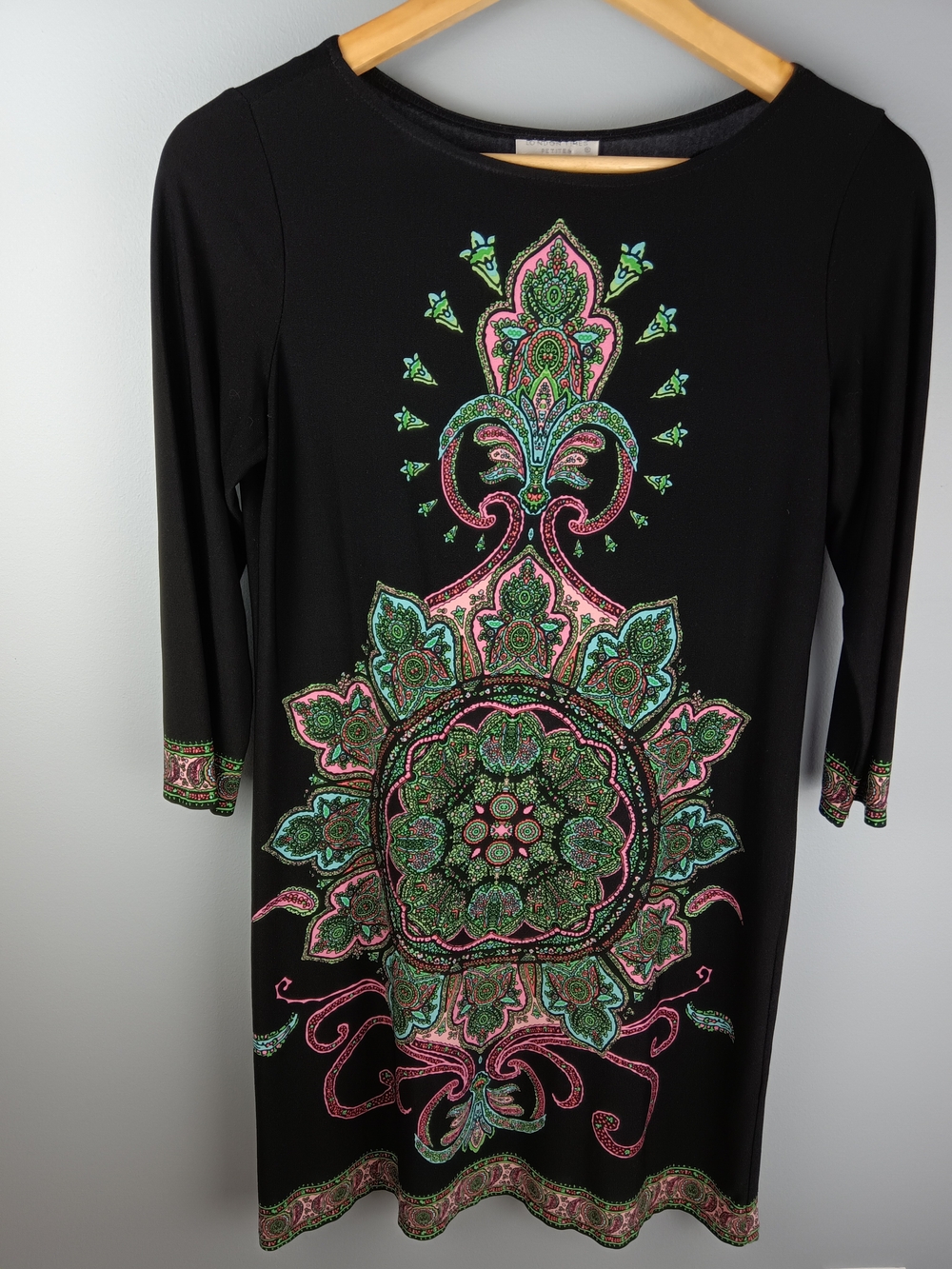 London Times Black Long Sleeve Dress with Green & Pink Mandala Motif